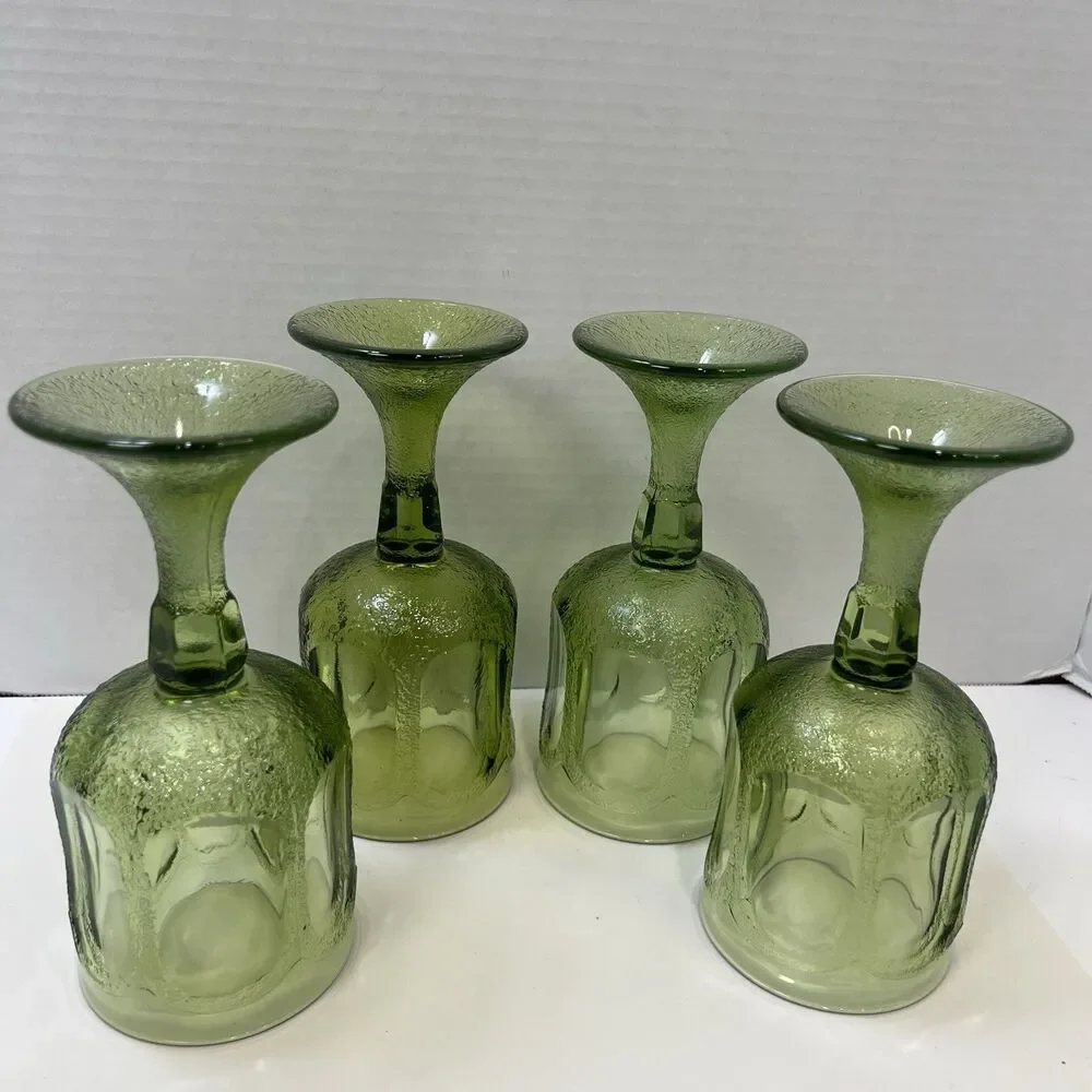Vintage Fostoria Woodland Green Wine Water Glasses Goblets Set Of 4  Textured